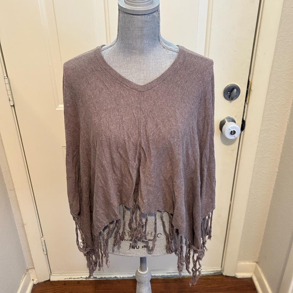 Elegant Fringed V-Neck Poncho - Taupe